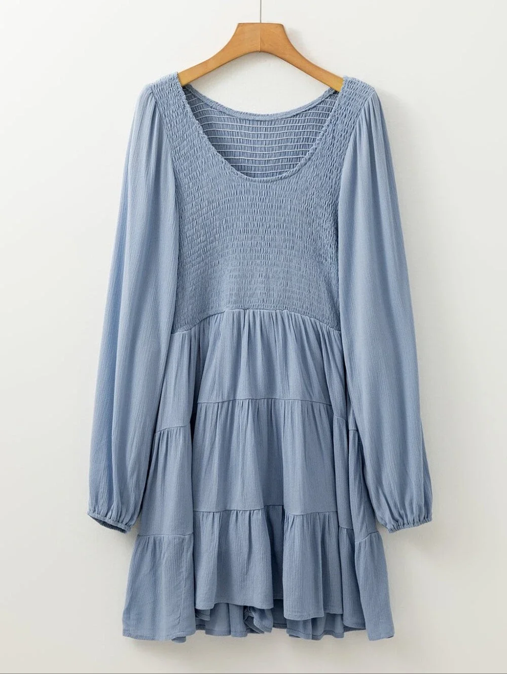 Altar'd State Dress M NWOT Blue Smocked Boho Mini Tiered Long Sleeve CC - Picture 4 of 13